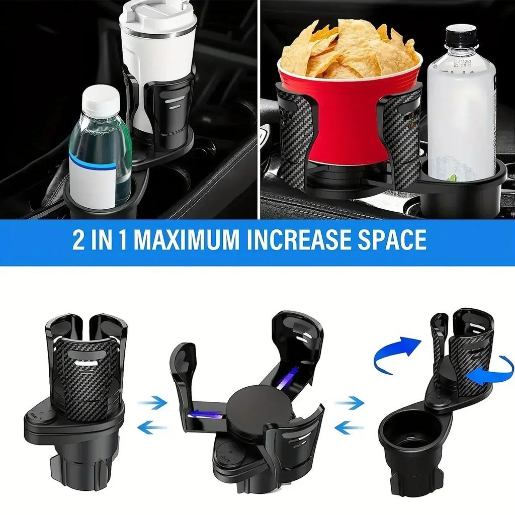 Car Cup Holder Expander Adjustable 360° Rotating Dual Drink Bottle Mount Organizer Phone Sunglasses Storage Auto Accessories