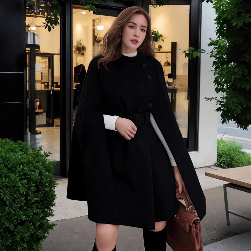 Autumn and Winter New French Celebrity Temperament Medium and Long Cape Woolen Shawl Woolen Coat Coat Women's Fashion