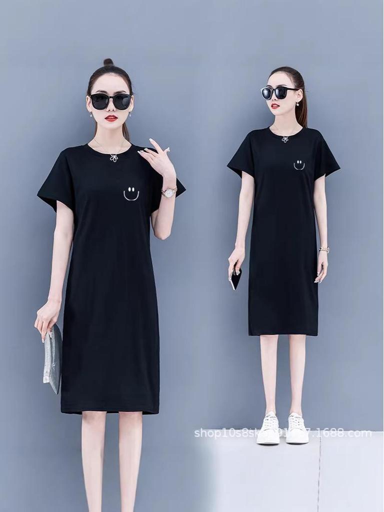 Korean-Style Plus Size Printed Casual T-Shirt Dress for Women - Mid-Length, Slimming, Loose Fit, Summer Wear