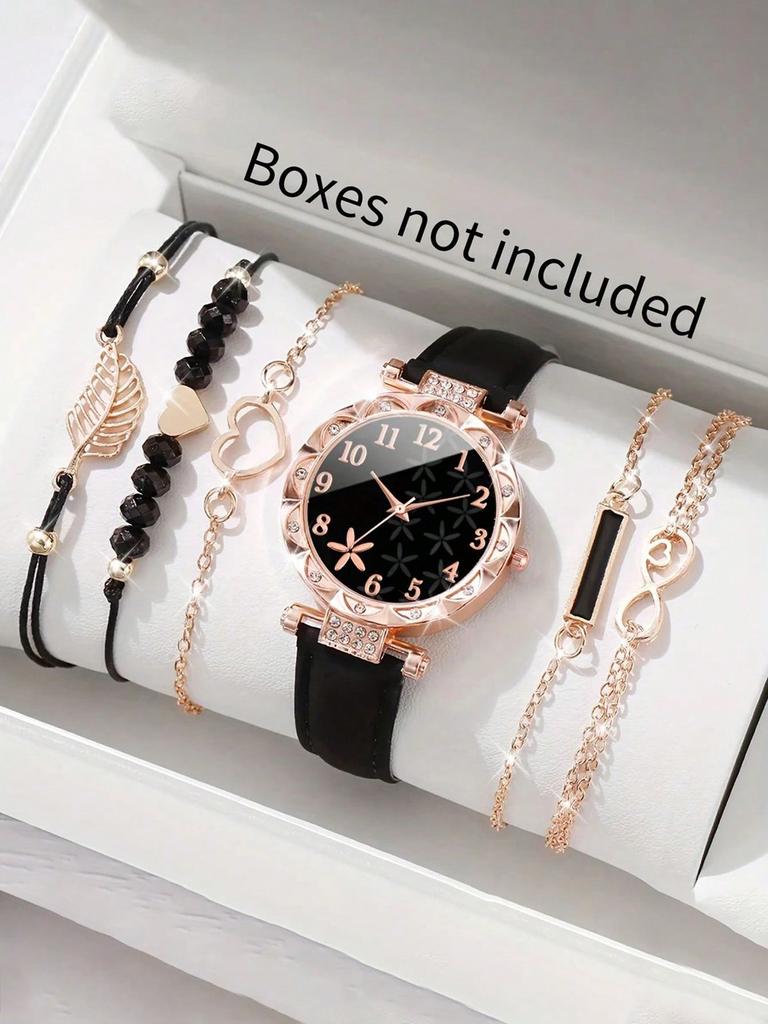 6PCS/Set Women's Watches Fashion Rhinestone Heart Dial Leather Band Quartz Watch Leaf Bracelets Set(Without Box)