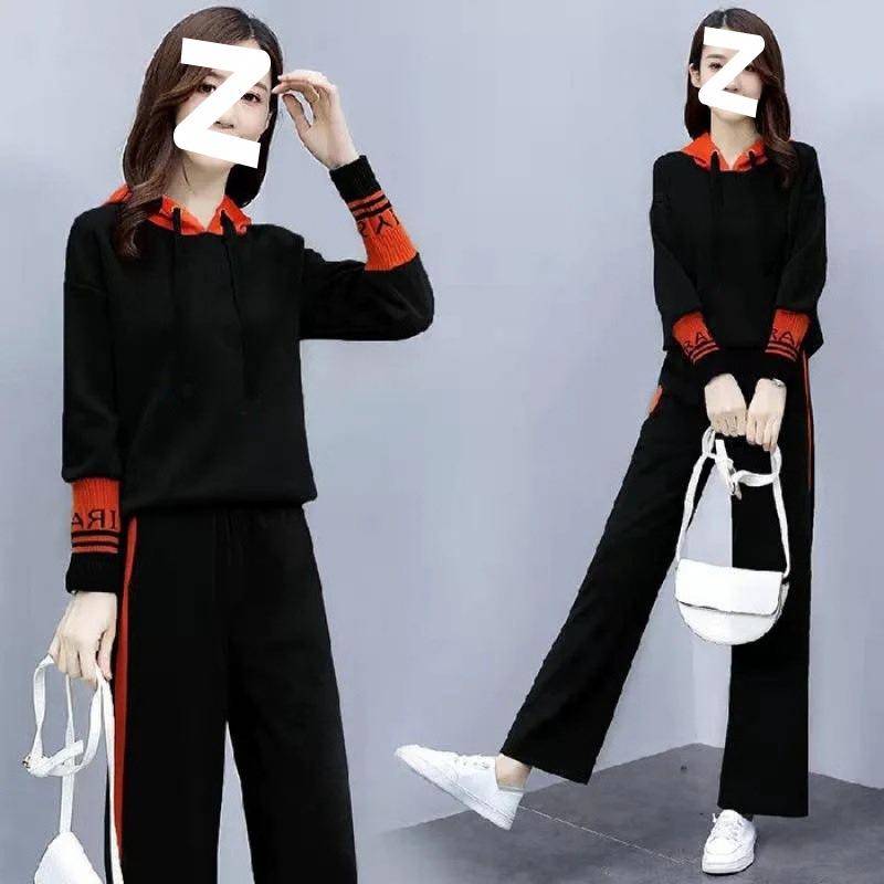 Fashionable Sports Suit for Women in Spring and Autumn, Casual, Age-reducing, Hooded Sweatshirt, Wide-leg Pants, Two-piece Set