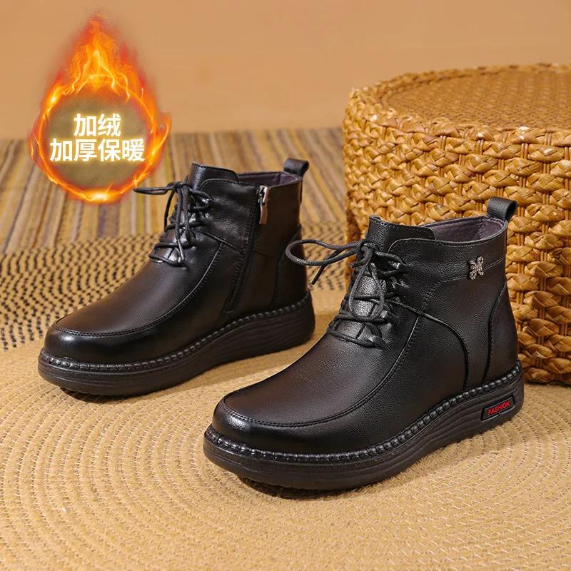 New 2024 Women Boots Women Genuine Leather Warm Wool Winter Boots Wedge Shoes Soft Bottom Anti Slip Woman Ankle Boots