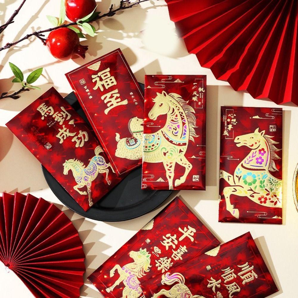 6Pcs Paper 2026 Horse Year Red Envelope Traditional Best Wishes New Year Money Envelope Large Capacity Chinese Style Red Pocket
