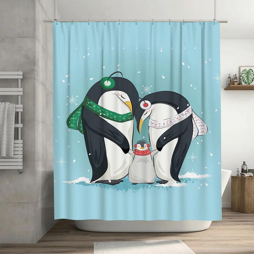 Blauer Duschvorhang mit entzückender Pinguinfamilie für die Winter-Heimdekoration Wasserdichtes Polyestergewebe Perfekte Ergänzung für das Badezimmer