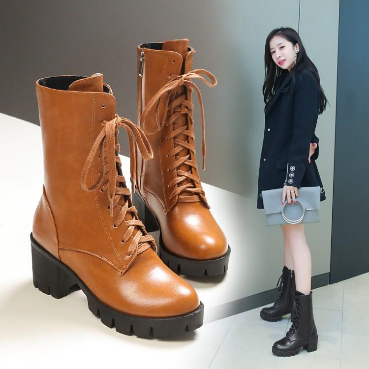 Autumn and Winter Medium Heel Coarse Heel Square Heel Boots Front Lace-Up Women's Boots  40-46