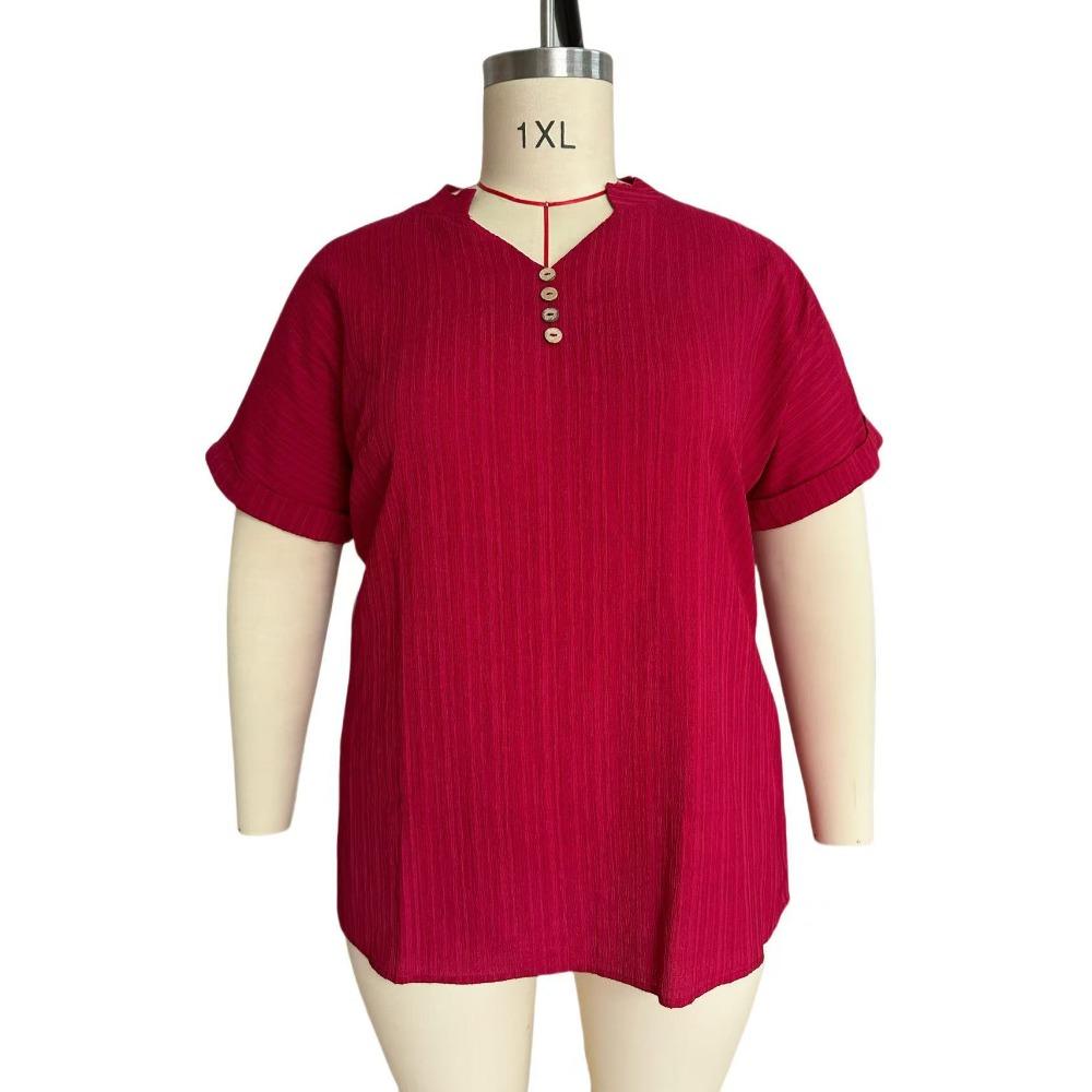 Elegant Casual T-Shirt - Women's Plus Size - Plus Size - New European and American - Spring/Summer Short Sleeve - Button Solid Color