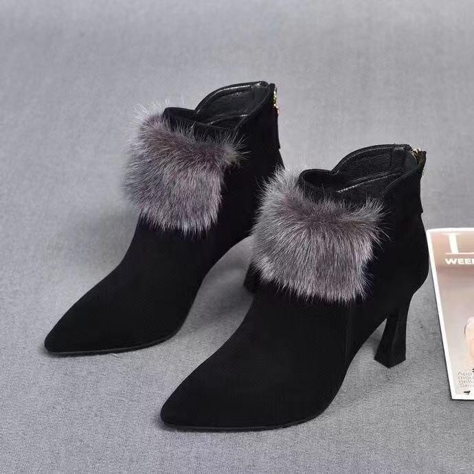 

Winter High Heel Short Boots Fleece Warm New Small Heel Fine Heel Temperament Pointed Fashion Cotton Boots 35