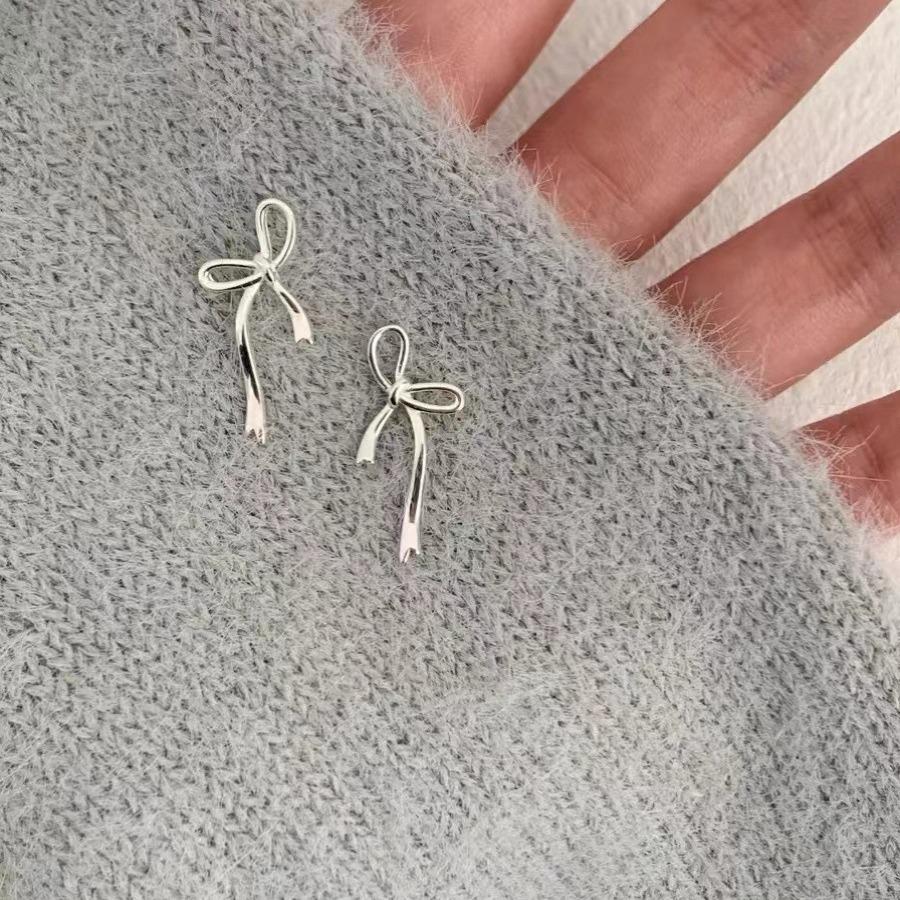 Elegant Minimalist Silver Bow Ribbon Earrings for Women - S925 Sterling Silver Studs