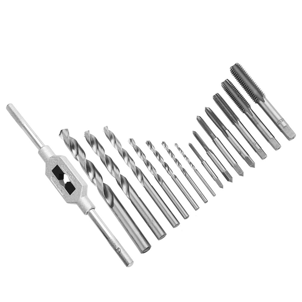 15Pcs Alloy Steel Tap Wrench Screw Taps Twist Drill Bit Set Metal Processing Tools
