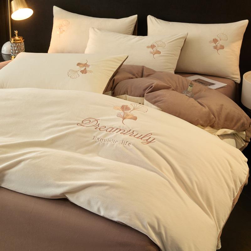 Thickened Milk Fleece Four-Piece Set, Coral Double-Sided Fleece Embroidered Crystal Fleece Quilt Cover, Bed Sheet, Bed Hat Three-Piece Set