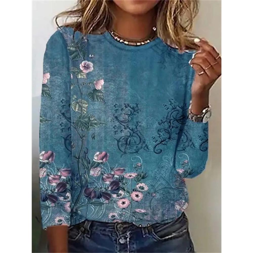 Women's floral pattern T-shirt 3D printed round neck long sleeved shirt
