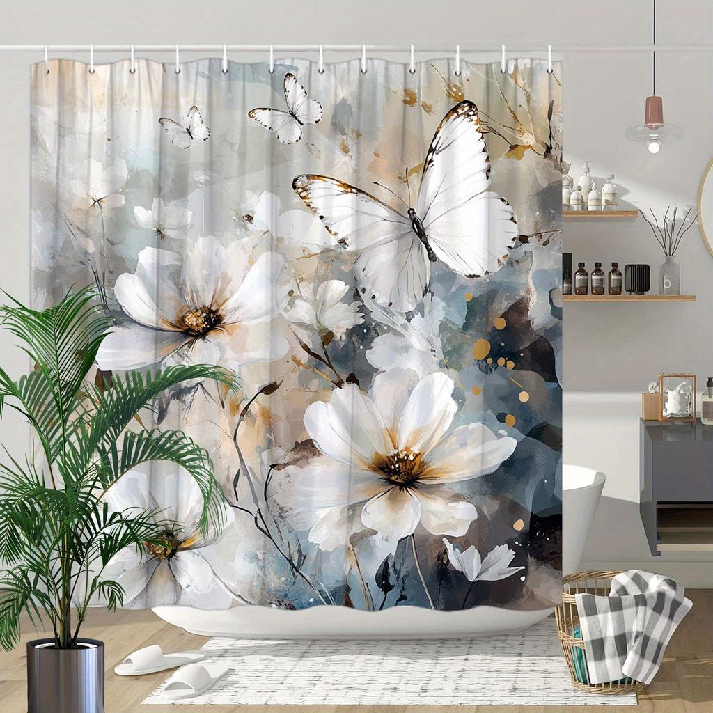 Floral Butterfly Shower Curtain - Watercolor White Flowers & Delicate Butterflies, Polyester, 70.8x70.8 Inches, Easy To Clean