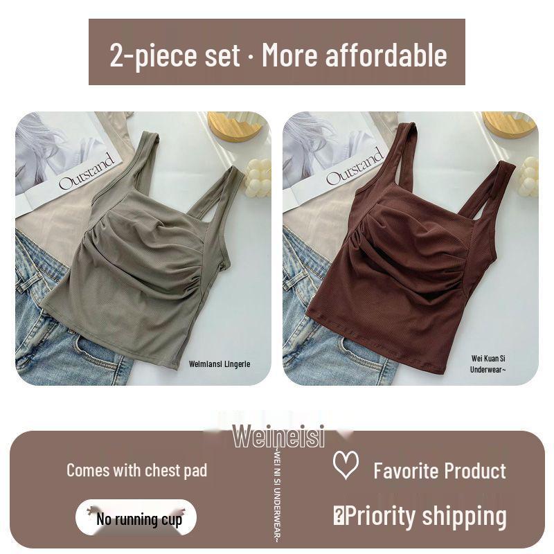 Korean Ruffled Spaghetti Strap Women's Tank with Chest Pads - Sexy Backless Slimming Base Layer