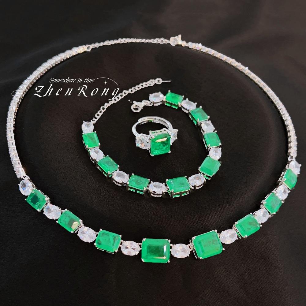 Fashion Jewelry Sets Emerald Necklace Green Diamond Earrings Bracelet Women Elegant Square Cut Gemstone