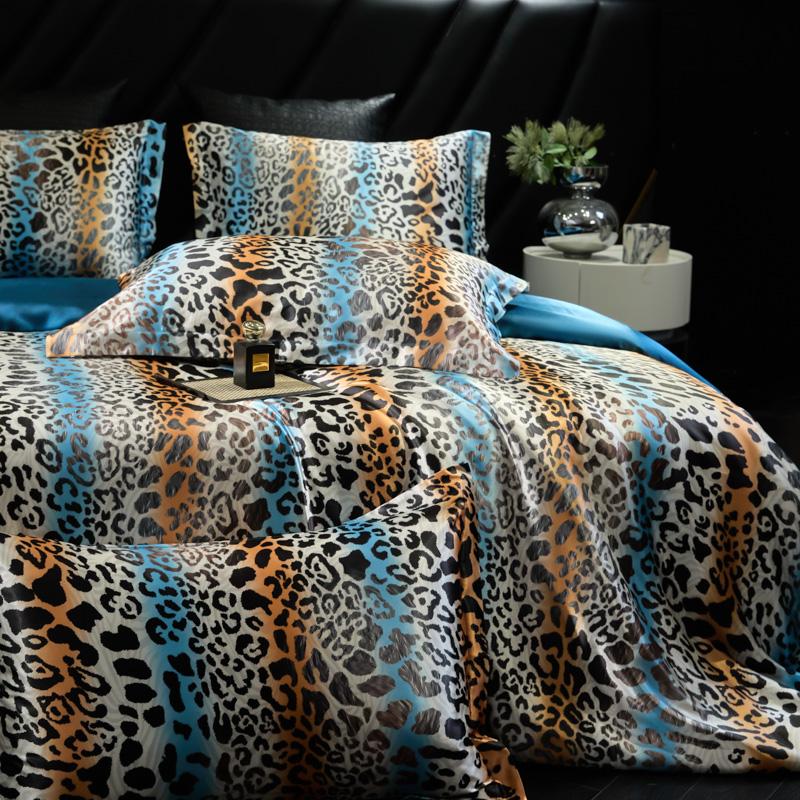 Luxury High-end Silk Leopard Print Bedding Set Soft Silk Satin Queen King Duvet Cover Sheet or Fitted Sheet Combination Set Gift
