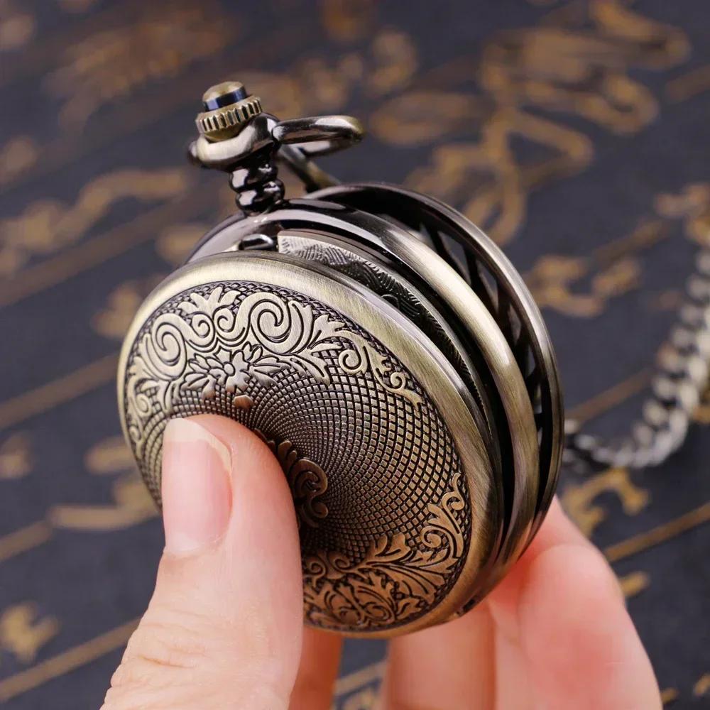 Luxury Vintage Intricate Wings Skeleton Mechanical Pocket Watch Elegant Pendant Clock Roman Numeral Dial Bronze Chain Timepiece
