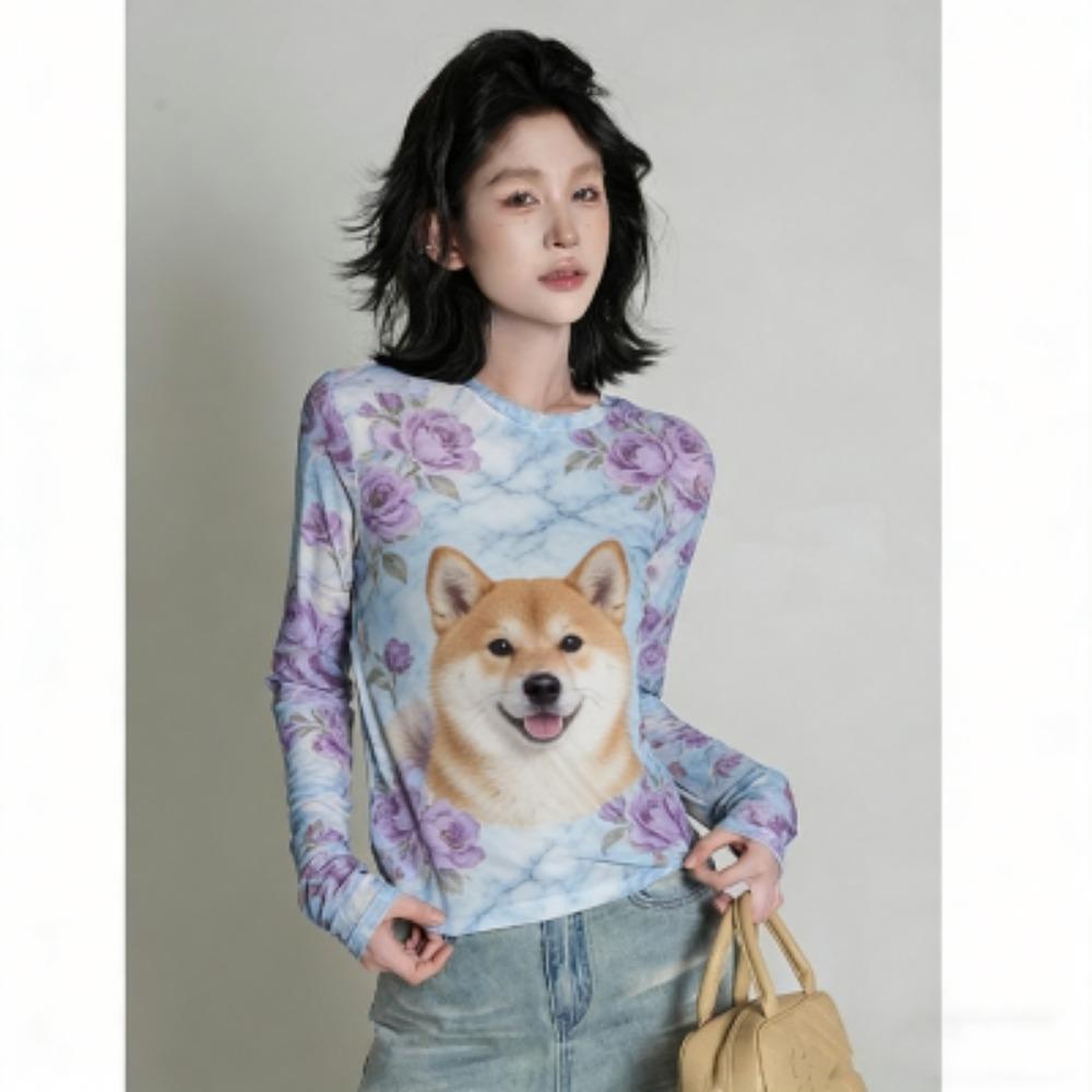 Spring Fashion Flower Dog Print Women's T-shirt Europe America Casual Pullover Women Long Sleeve Clothing Outdoor Street Tees Top