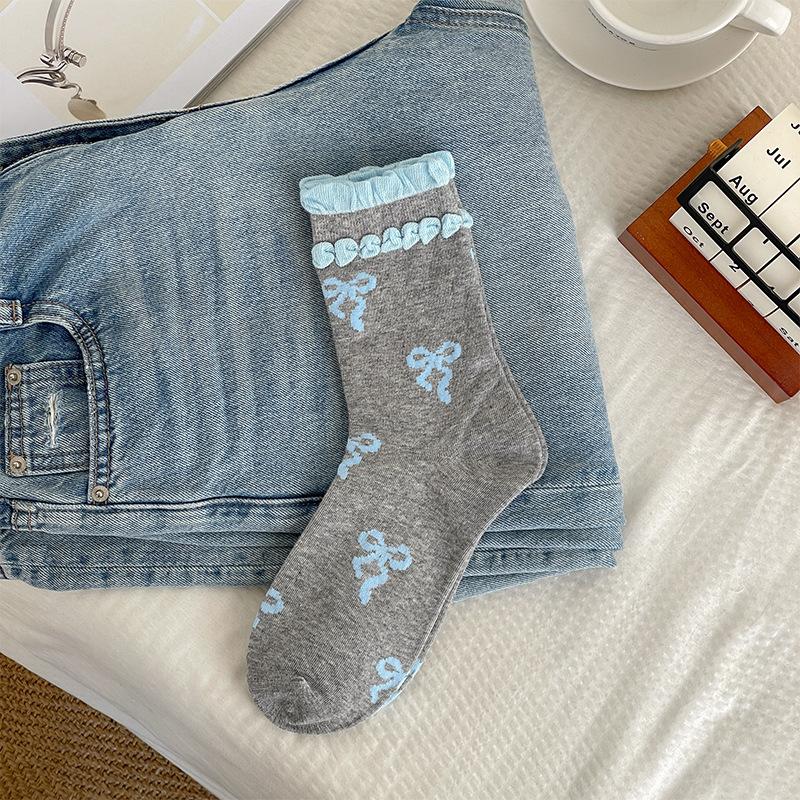 Spring and Summer Socks, Princess Lace Bow Socks, Breathable and Sweat-absorbing Cotton Socks, Mid-calf Socks