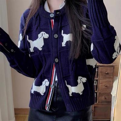Vintage Cartoon Dog Jacquard Knitted Cardigan Sweater Women Korean Fashion Single Breasted Long Sleeve Knitwear Y2k Tops Jumpers H-001