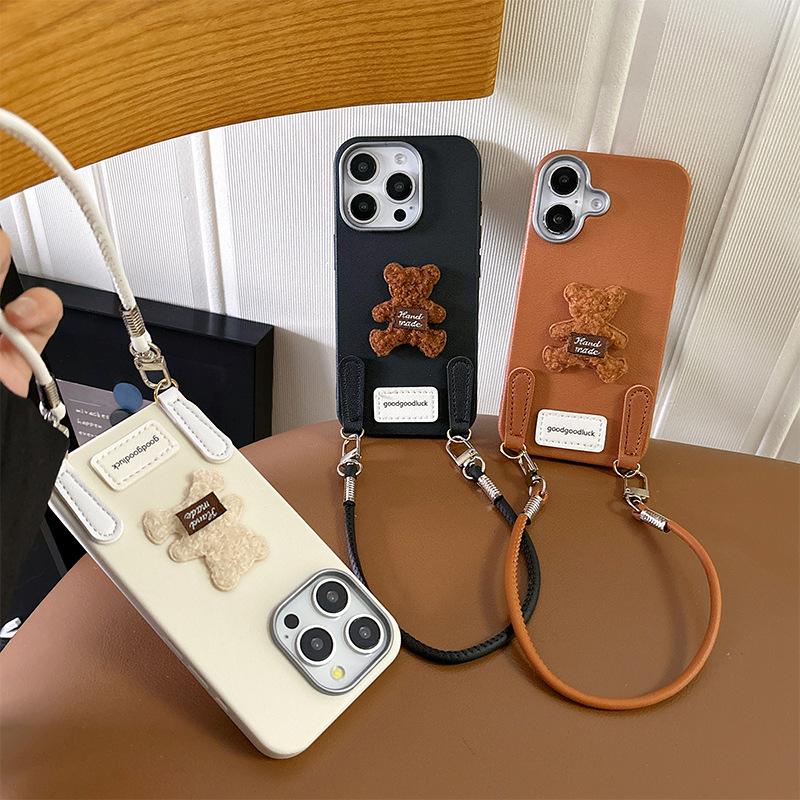 Plush Bear Goodluck Mobile Phone Case Is Suitable For Apple 16Promax Silicone Tpu Imitation Leather Iphone15 Rope.