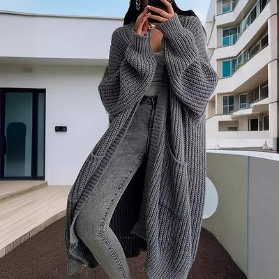 Women Pockets Sweater Cardigan Kintted Jacket Autumn Crochet Loose Long Winter Maxi Warm Jumper Coat