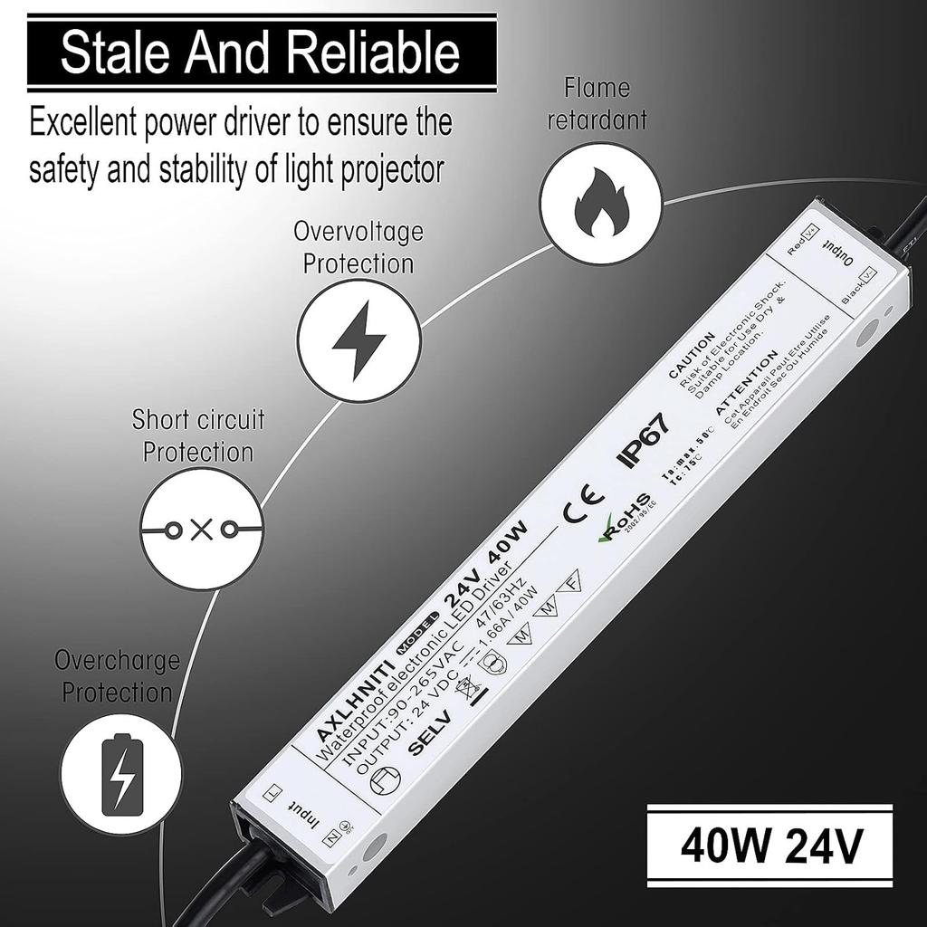 LED Driver 40W 24V, Waterproof IP67 24V Power Supply, LED Transformer 90V-265V AC to 24V DC, LED Power Supply with 3-Prong Plug 3.3 Feet Cable for