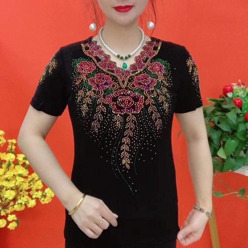 Summer Mom's Clothing Diamond Wavy V-neck Short-sleeved Slim Temperament and Versatile Style