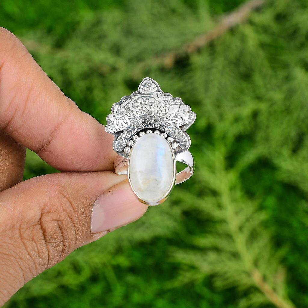 Easter Deal 925 Sterling Silver Natural Rainbow Moonstone Solitaire Wedding Ring
