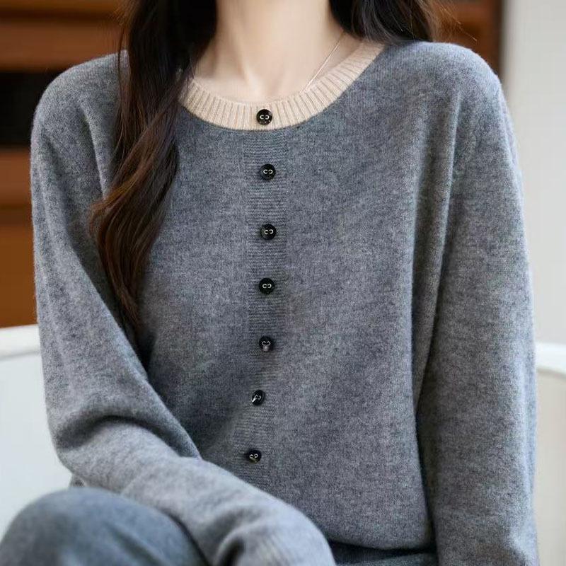 Women's Wool Color Block Round Neck Layered Pullover Sweater - 2025 Autumn/Winter Collection