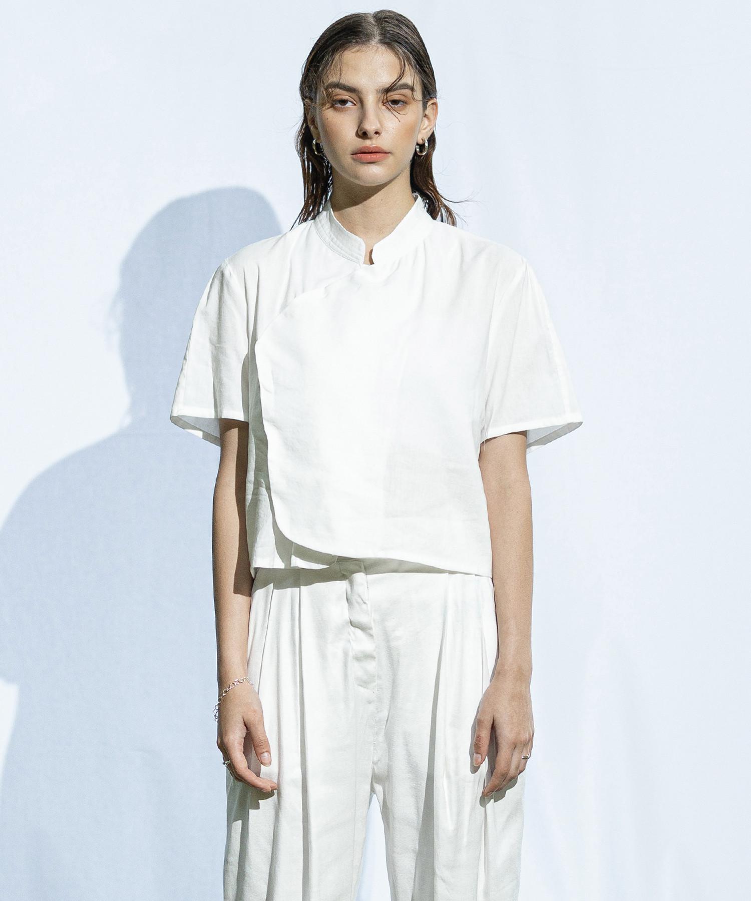 Object Museum Stand Collar Mandarin Short Sleeve Shirt Ouost001-Wt 1