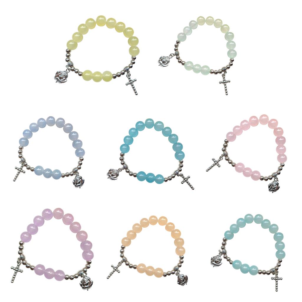 Colorful Glass Cross Bracelets Beaded Stretch Bracelets for Woman Jewelry Wristband Handchain for Baptisms Gift