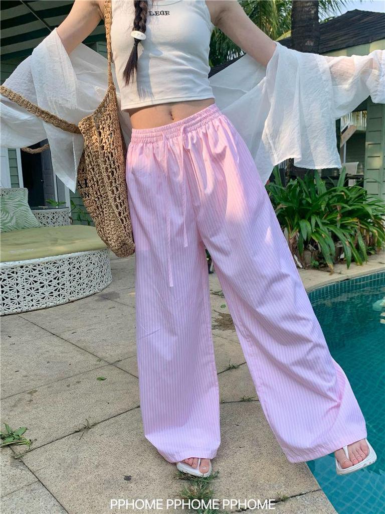 Kalhoty s vysokým pasem a širokými nohavicemi v korejském stylu s vertikálním pruhem pro ženy - Kolekce jaro/podzim 2025