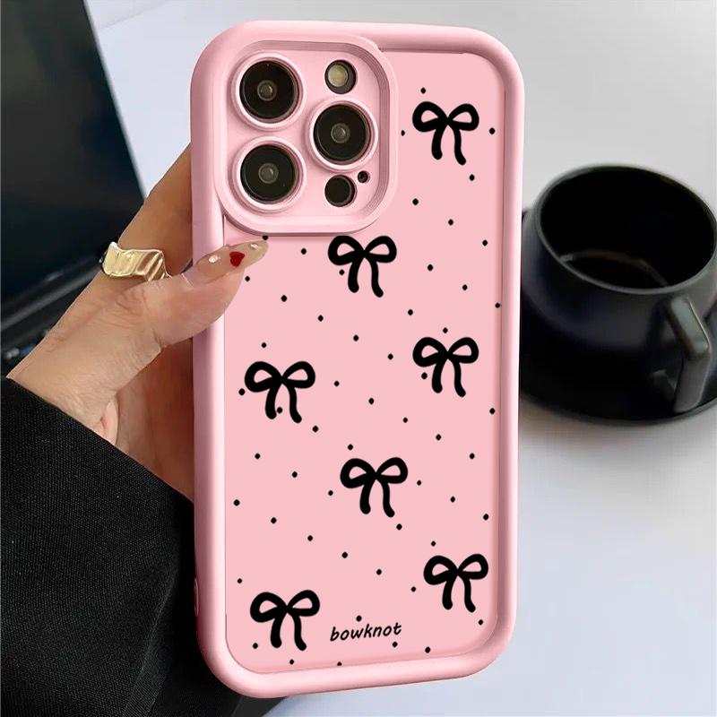 Black Bowknot Print TPU Soft Case For iPhone 16 Pro Max 15 Pro 14 13 12 11 XR XS 8 7 Lens Protection Shockproof Matte Phone Cover