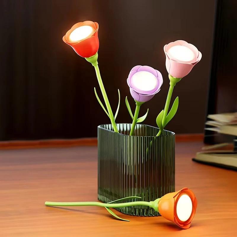Dimmable Rose Flower Night Light New Bendable Rechargeable LED Desk Lamp with USB Charging Creative Bedroom Ambient Light Gift