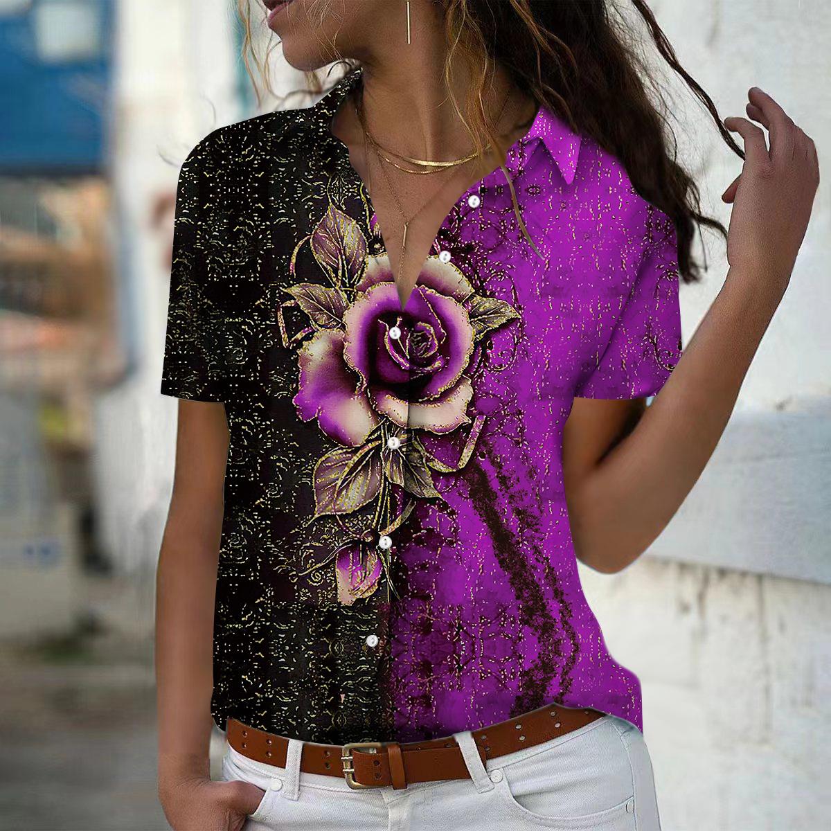 

2025 Summer New Fashion Women s Flower Printed Short Sleeve V-neck Casual Button-down Shirt Top XS фіолетовий