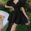 Women's Black Jacquard V-Neck Lantern Sleeve Summer Dress