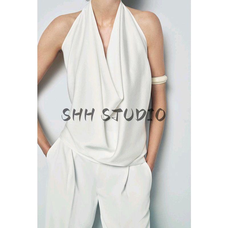 Spring New Women's Clothing Elegant Elegance White Circular Lower Hem Open Back Hanging Collar Tops 2649074