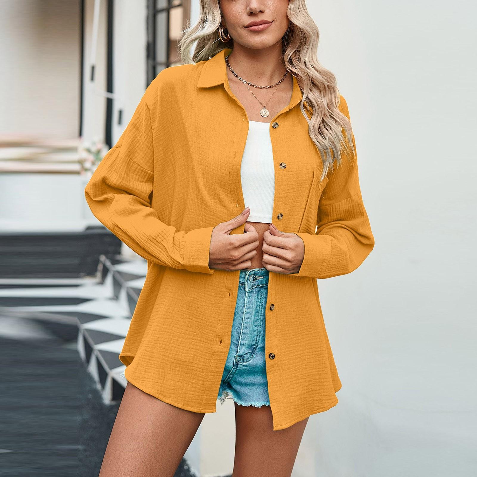 

Женская весенне-осенняя женская повседневная рубашка на пуговицах с v-образным вырезом и длинными рукавами XL жёлтый