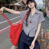 College Plaid Button Polo Collar Short-sleeved Shirt Women's Summer Chic Drawstring Loose Cardigan Small Fly-sleeved Top