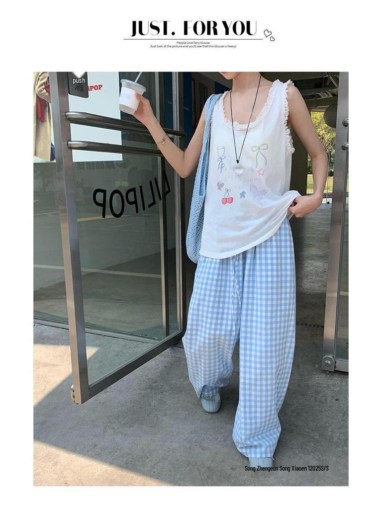 Song Zhengen Women’s High Waist Light Blue Plaid Wide-Leg Summer Pants