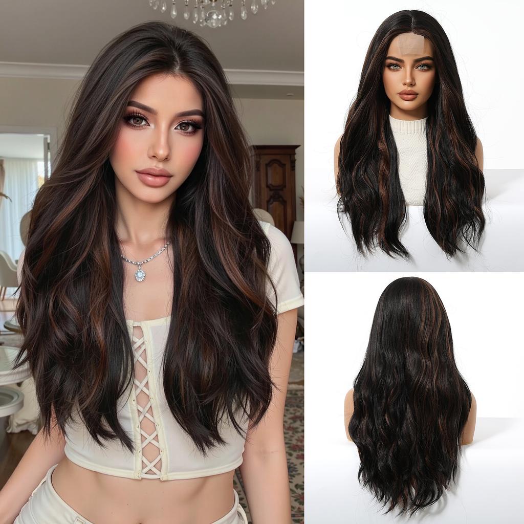 Brown Highlights Synthetic Wigs Hairline Lace Frontal Wave Layered Wigs for Women Ladies Daily Use Natural Wigs Heat Resistant