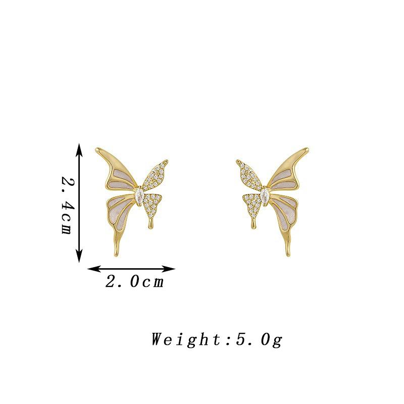 Fashion Cute Butterfly Stud Earrings for Women White Enamel Oil Crystal Wings Earrings Party Sweet Golden Color Metal Jewelry