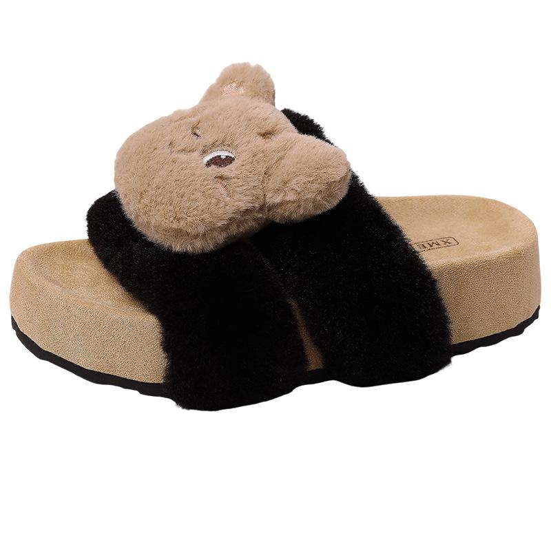 Warm plush versatile girls fluffy shoes autumn and winter fashionable retro comfortable non-slip cartoon cute one-word slippers