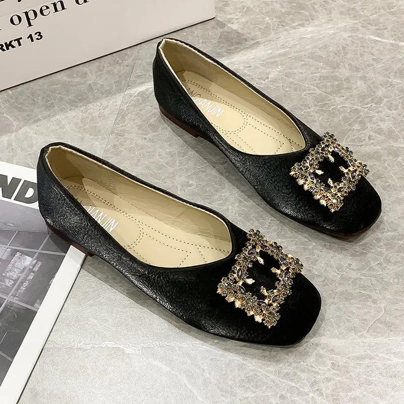 Fashion With Crystals Green Shoes for Women Diamond Square Toe Woman Flats Rhinestone on Promotion Low Price Chic and Elegant Wholesale