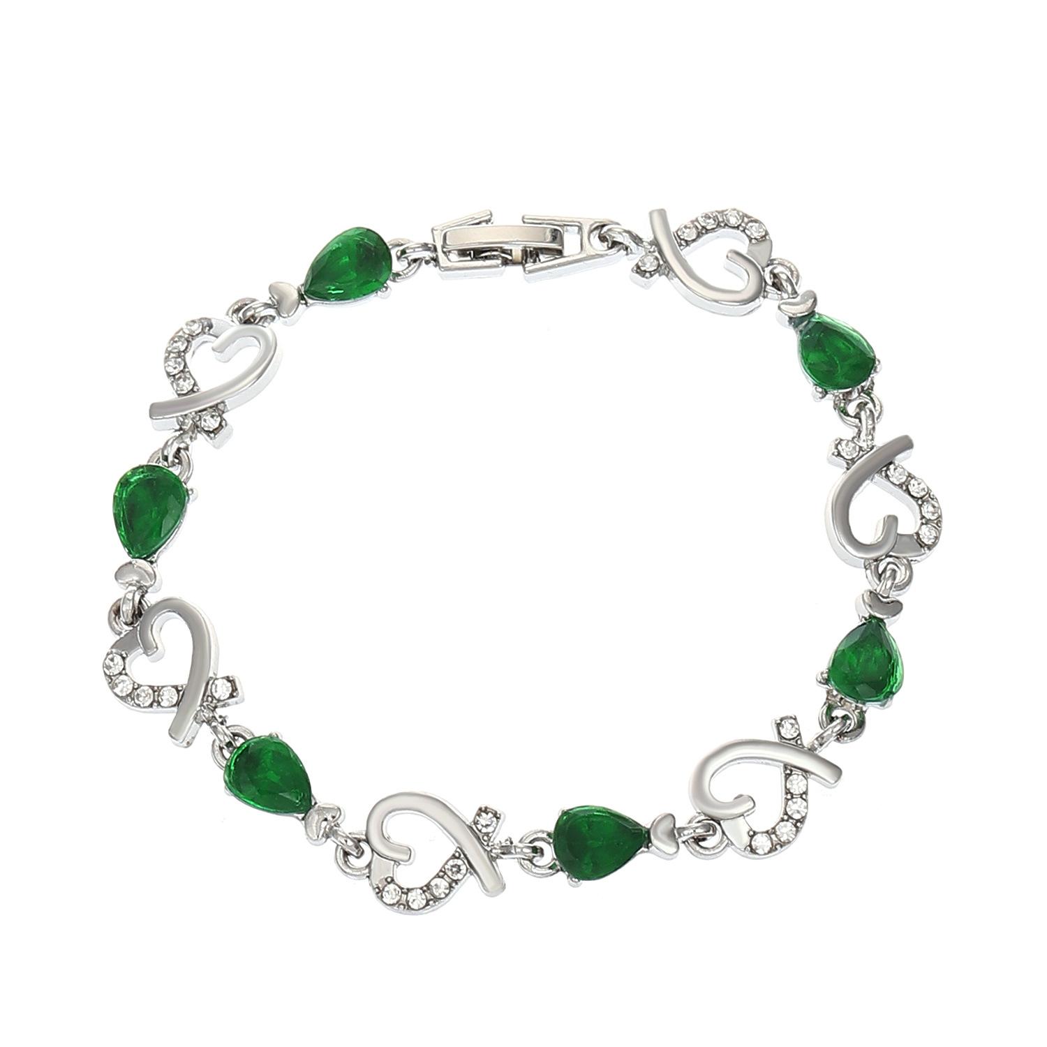 

Sterling Silver Bracelet with Teardrop Shaped Gemstones and Heart-Shaped Links Featuring Clear Accent Stones Adjustable Length One Size