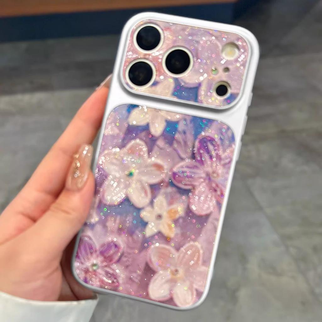 Fine flash purple flower is suitable for Apple 17promax gilt glitter iPhone16pro pearl case spring mobile phone case.