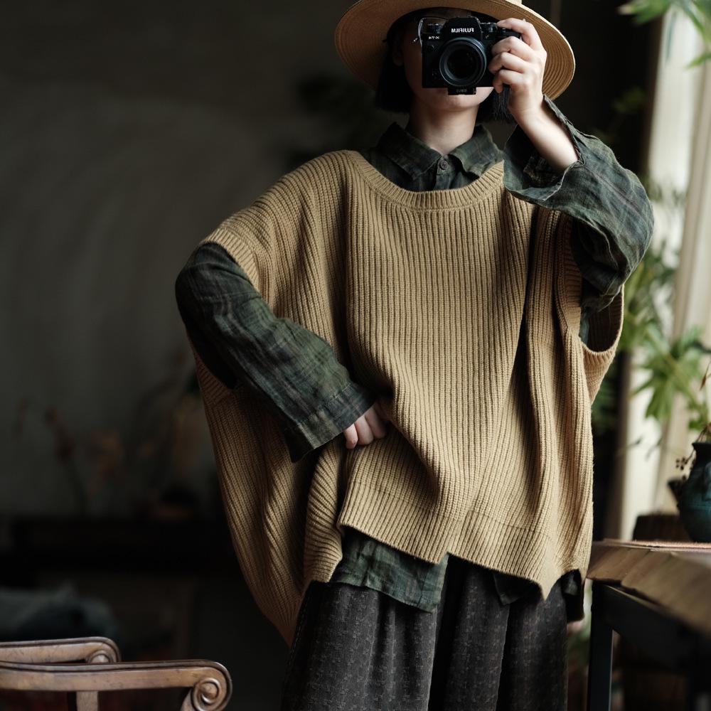 Retro Earth Yellow Wool Oversized Vest Sweater - Autumn Collection
