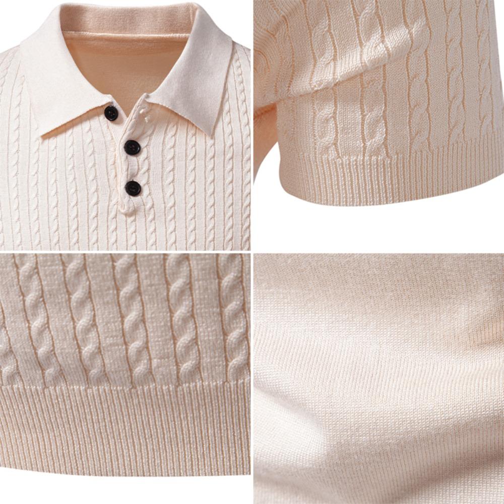 Summer/Autumn Men's V-neck Cable Knit Short Sleeve T-shirt - Business Casual Style