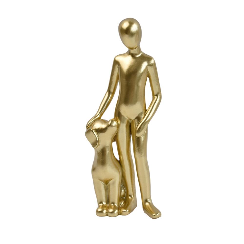 Boy Girl And Dog People And Dog Statues Decoration Canine Statues Crafts Bedroom Decor Gold StyleB