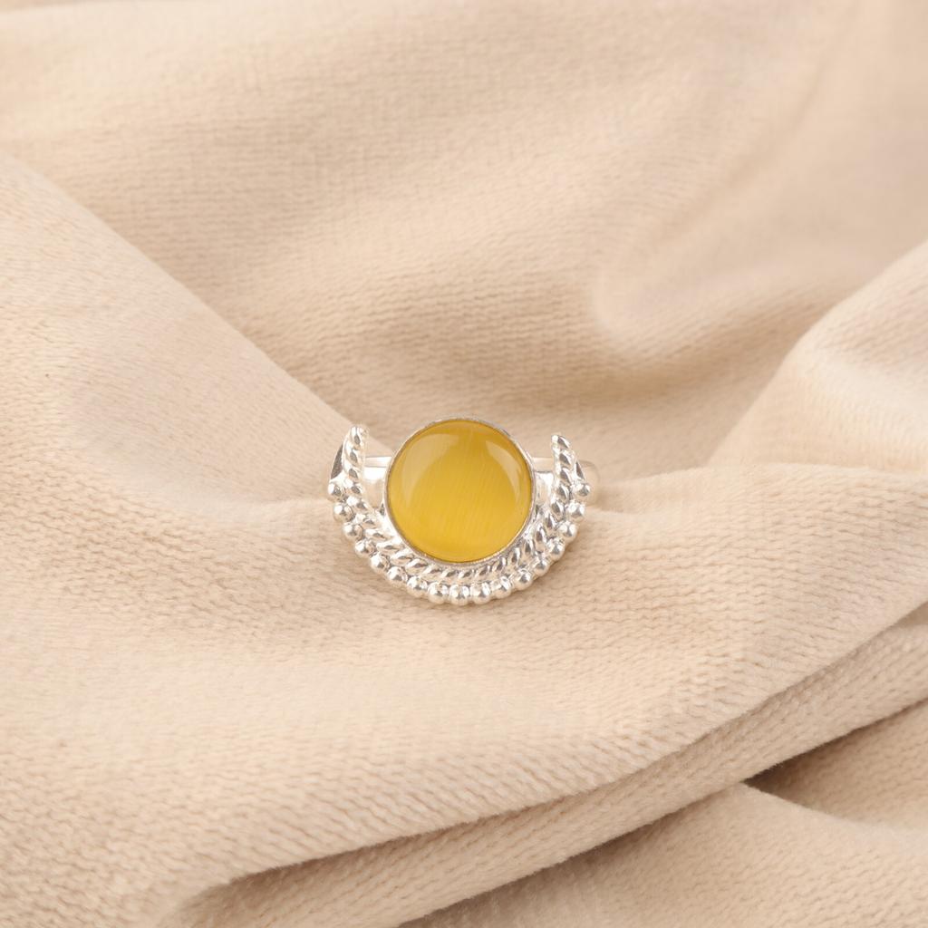 Natural Yellow Cat's Eye Gemstone 925 Sterling Silver Handmade Jewelry Ring Gift RR-48-38